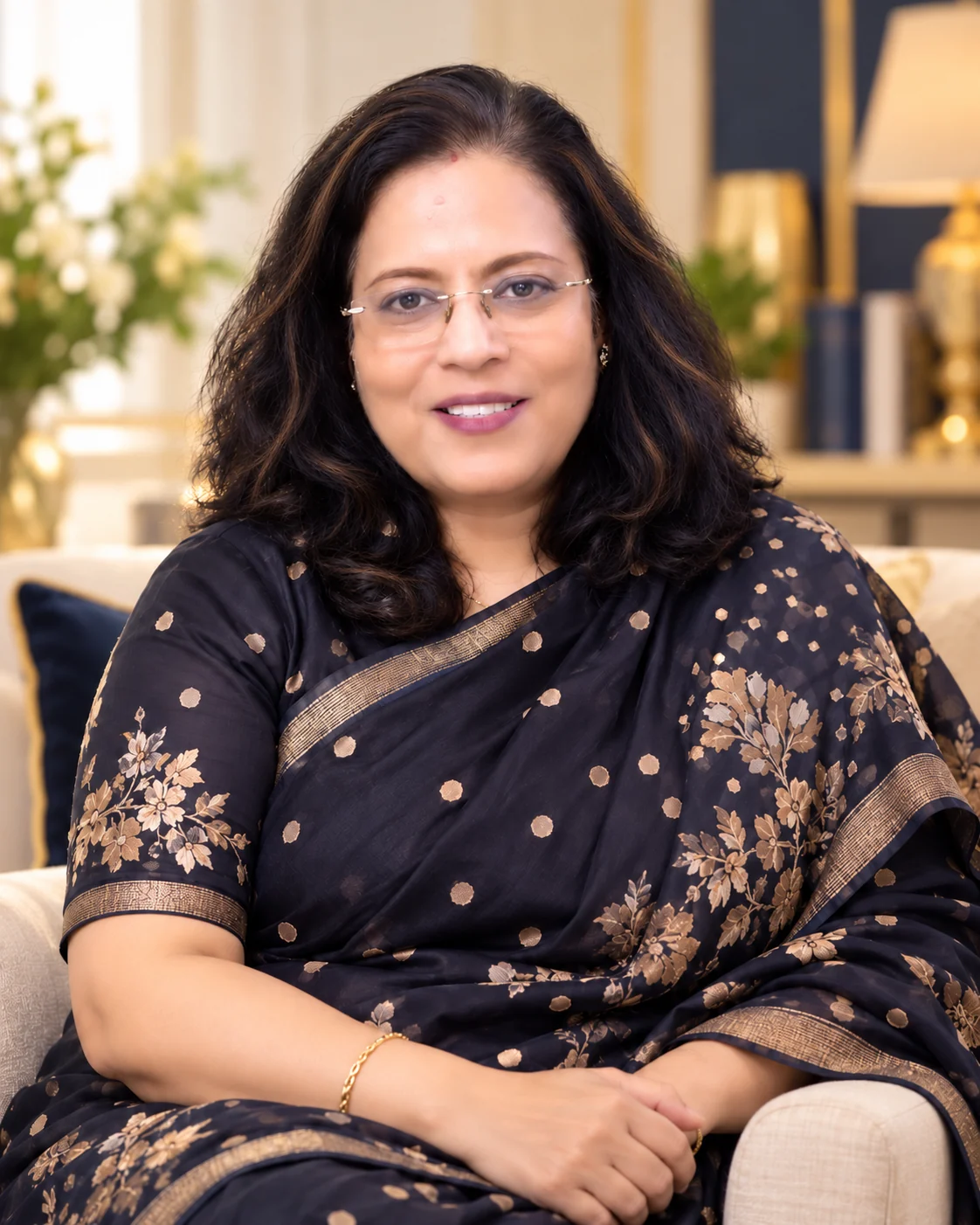 Sujata Mukherjee, corporate trainer, in a navy saree
