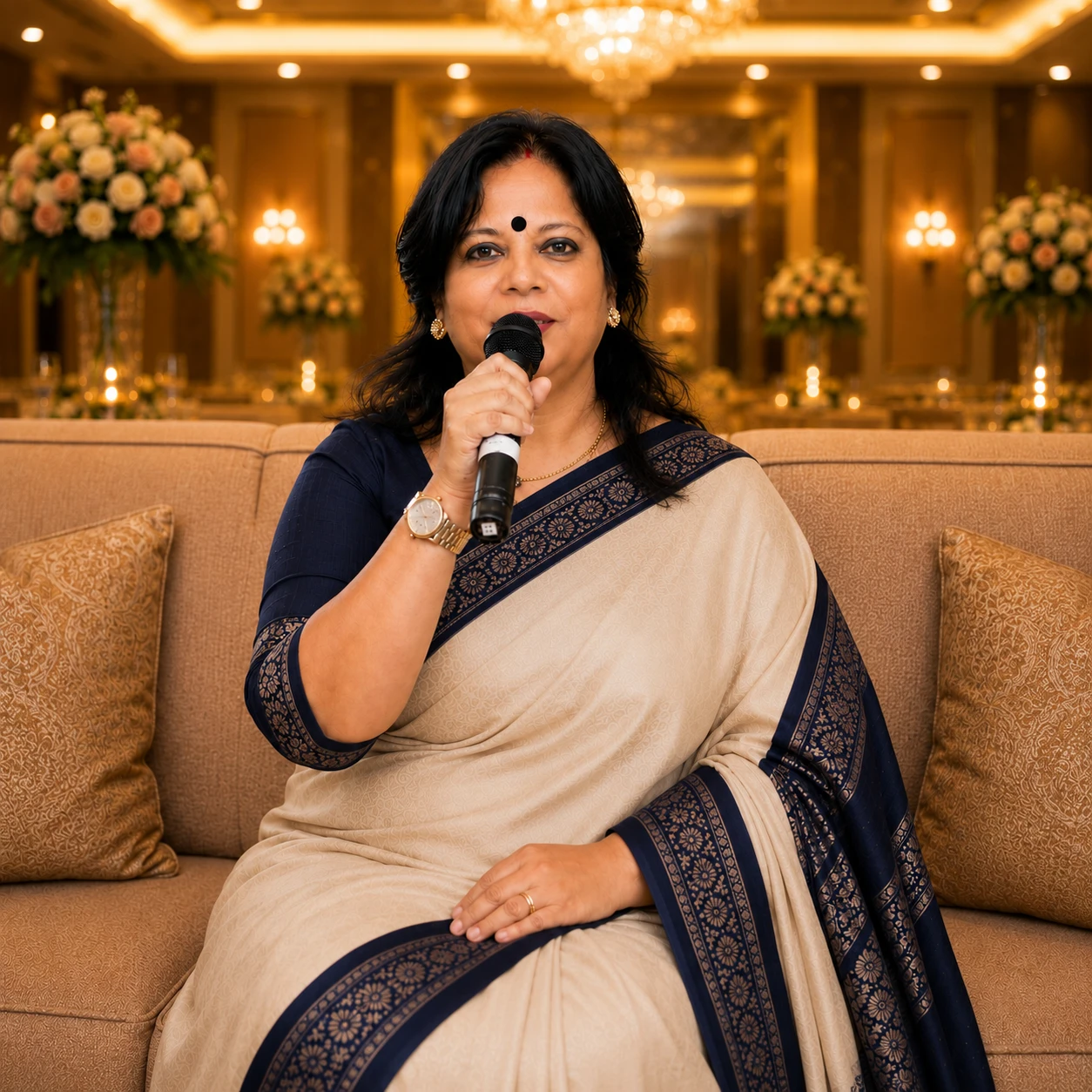 Sujata Mukherjee speaking in a beige saree