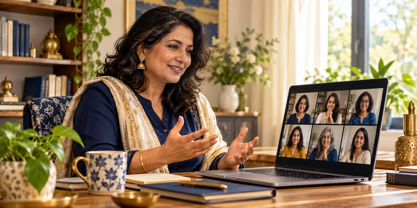Illustration of a woman practising confident communication in an online group