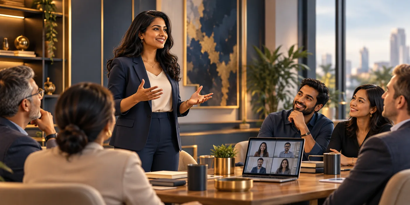 Illustration of a supportive professionals public speaking group