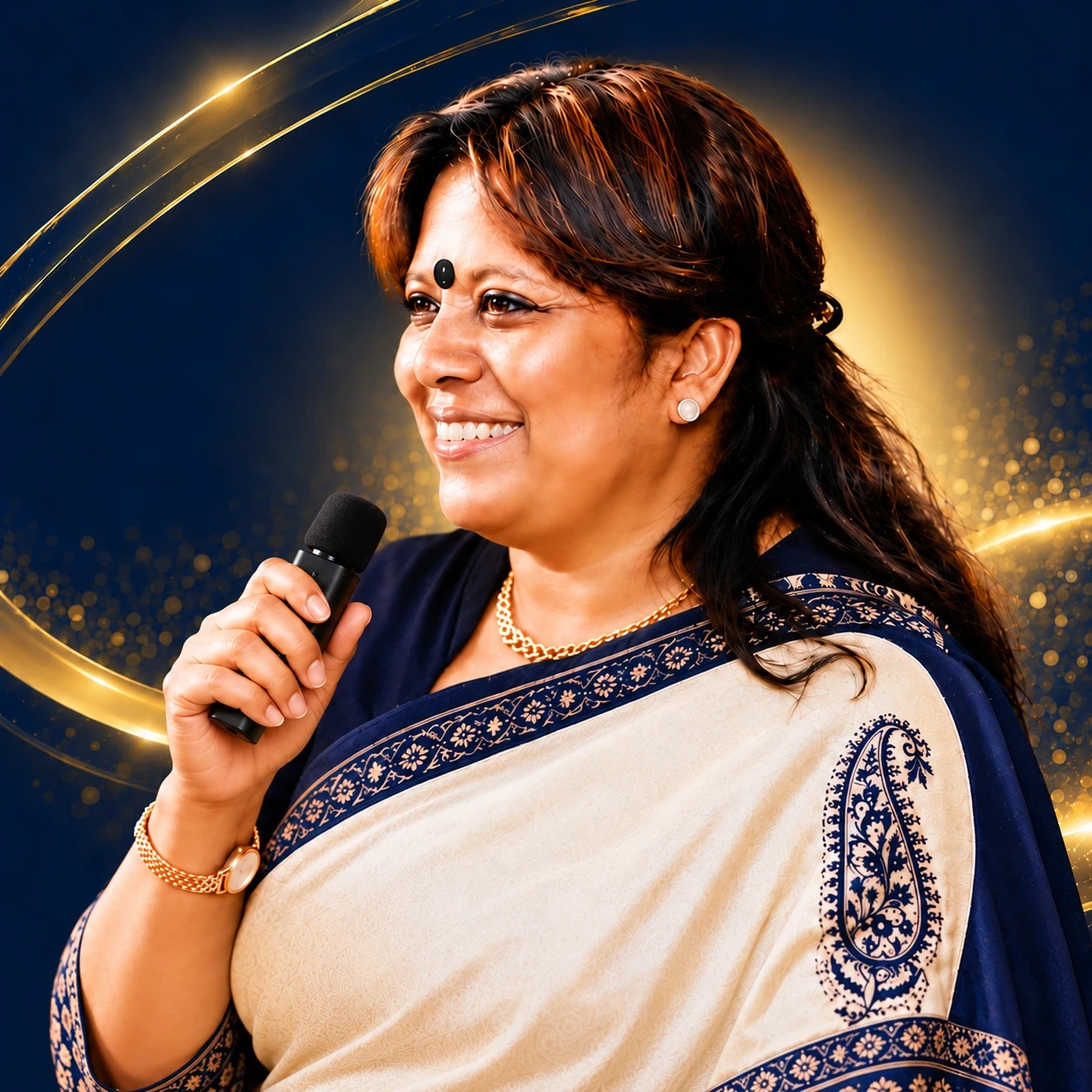 Sujata Mukherjee speaking in a beige saree