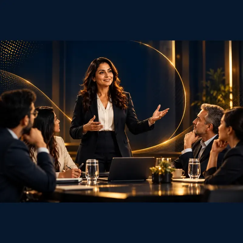 Professional presenting in a boardroom meeting, a skill covered in personality development training